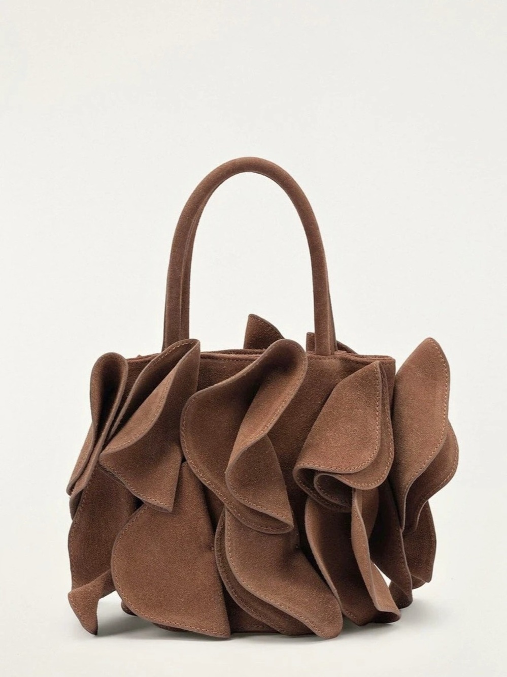 FARM RIO Suede Flower Mushroom Brown Ruffle Leather Shoulder Top Handle Bag